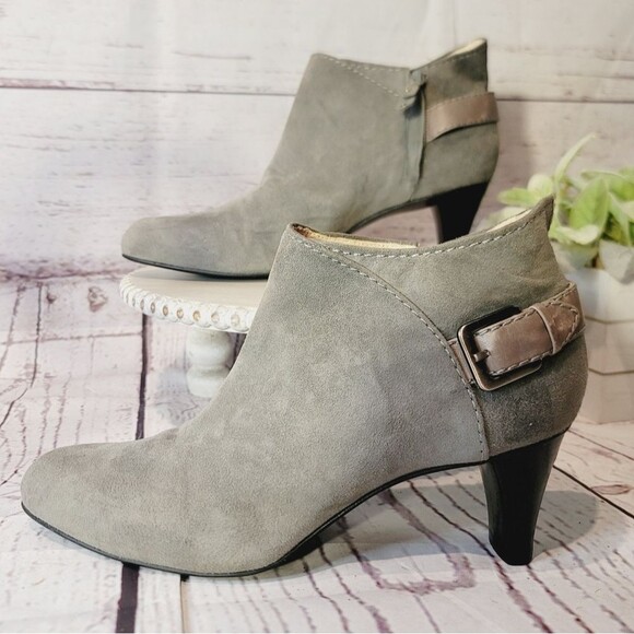 Cole Haan Shoes - Cole Haan Gray Suede Leather Ankle Heeled Buckle Zip Booties Size 9.5B